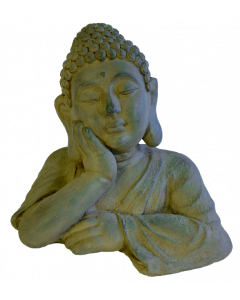 Buddha vilande på armbåge grå 36x35H cm
